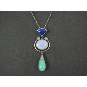 Sterling Lapis Lazuli Banded Agate Aventurine Opal Pendant